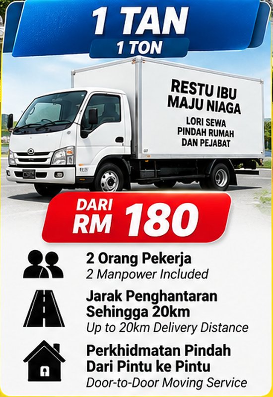 Sewa lori 1 tan Pakej Bajet dari RM180 dengan 2 orang pekerja